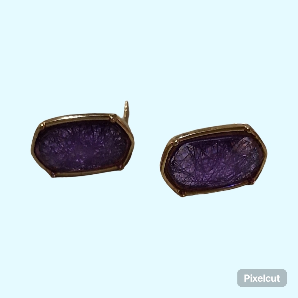 Gold-Trim Purple Stone Stud Earrings - Women Jewelry